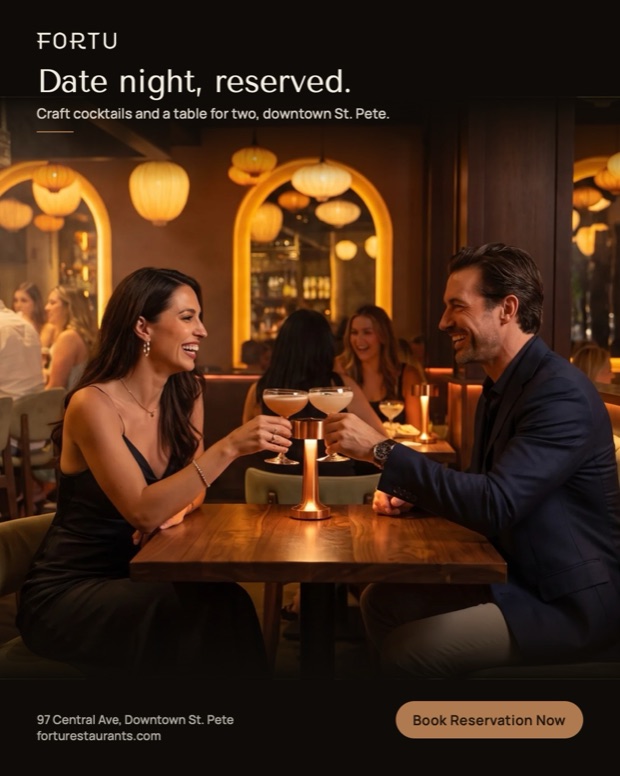 4:5 feed ad for Fortu: a couple toasting cocktails at a candlelit table, with the line Date night, reserved and a Book Reservation Now button