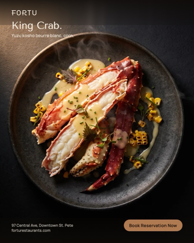 4:5 feed ad for Fortu: king crab in yuzu kosho beurre blanc on a dark plate, with a Book Reservation Now button