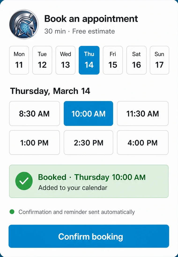 A booking widget for a 30-minute free estimate: the week of March 11 with Thursday the 14th selected, six time slots with 10:00 AM chosen, a green confirmation reading Booked, Thursday 10:00 AM, added to your calendar, and a note that the confirmation and reminder were sent automatically
