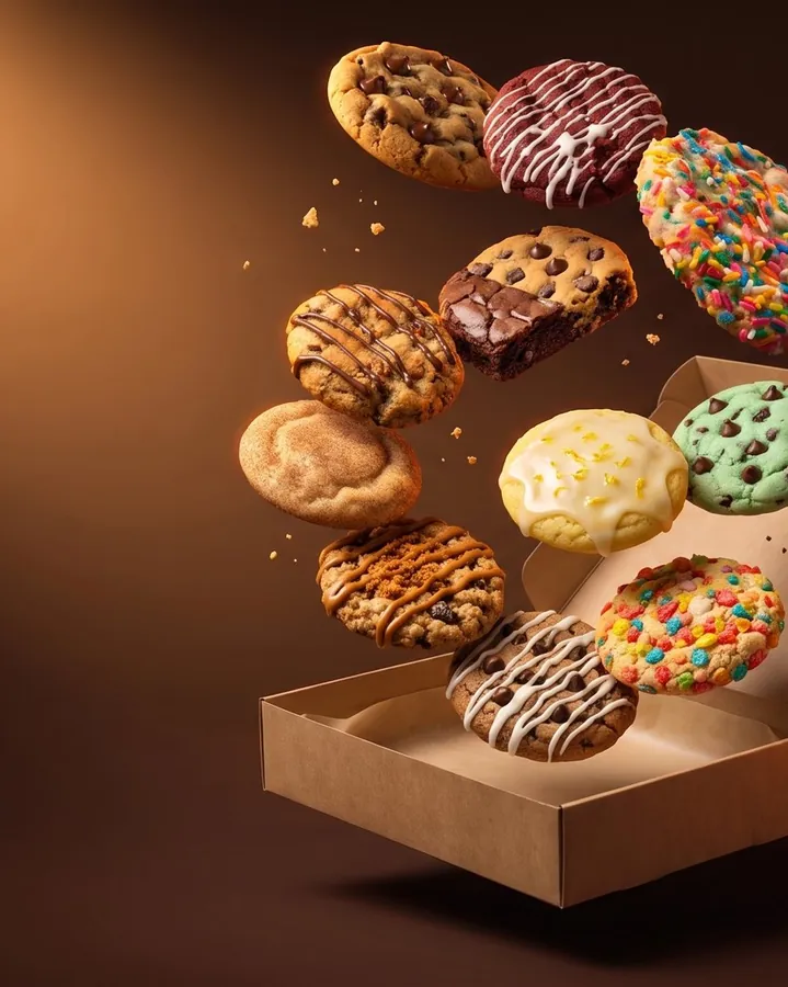 Cookies tumbling into an open box, from the Not Your Mommas Cookies build