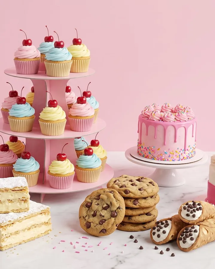 A tiered stand of cupcakes with cinnamon rolls, cookies and cannoli on a marble counter, from The Cake Shop build