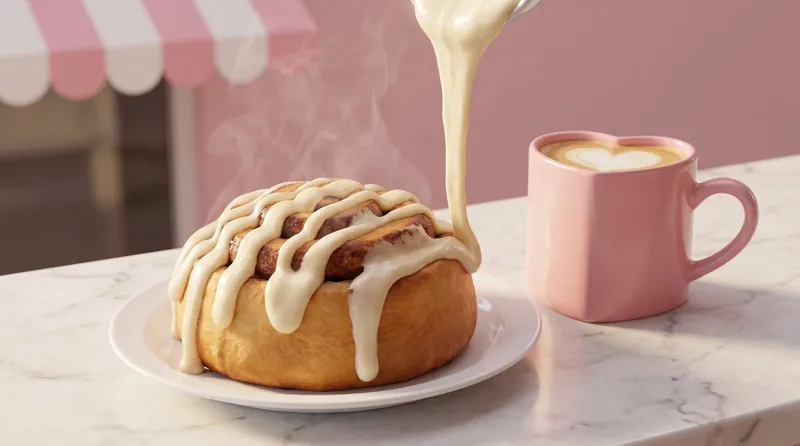 Icing poured over a warm cinnamon roll beside a latte, from The Cake Shop build