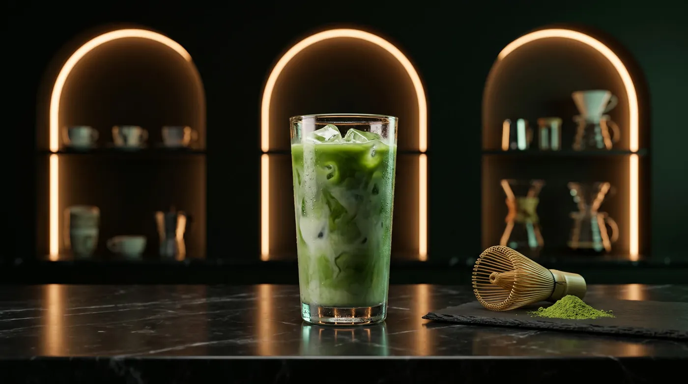 An iced matcha latte under glowing arched shelves, from the Sorbo build