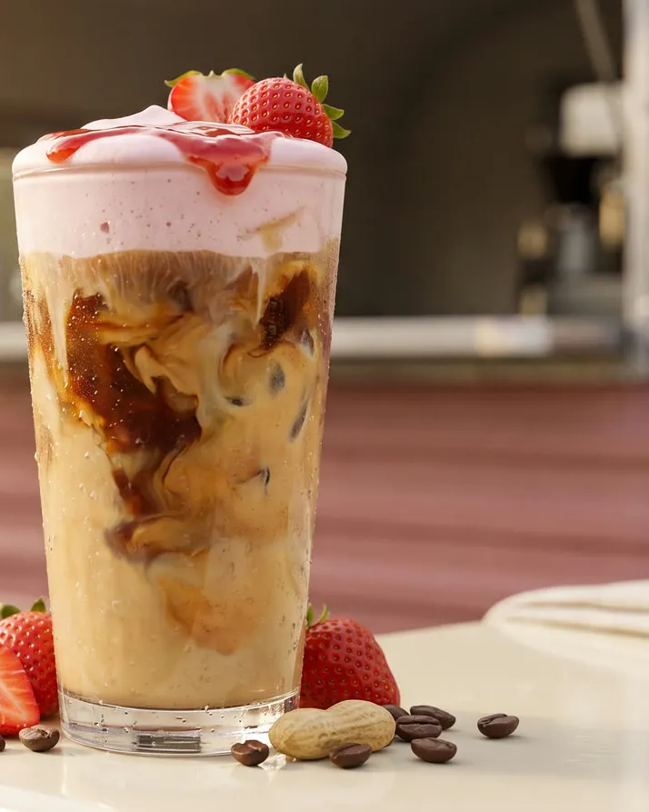 A layered iced drink topped with strawberries at the window of the Cafe Betty's coffee trailer