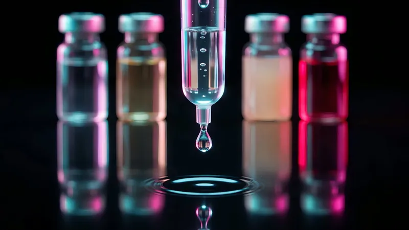 Glass vials and a single falling drop, from the Drip Plus mobile IV build