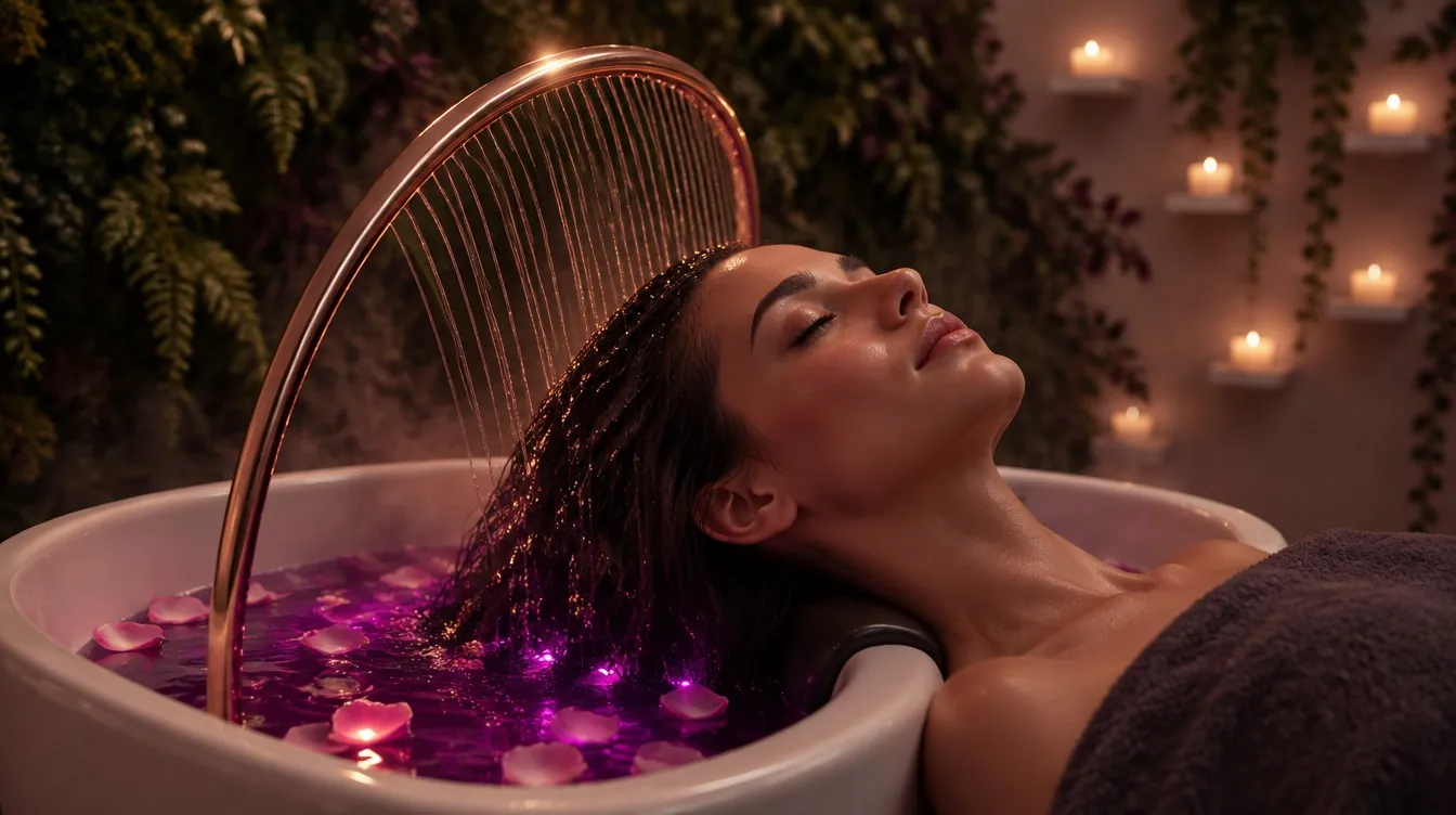 A client reclines in the Optimal Wellness head spa, warm water and candlelight around her
