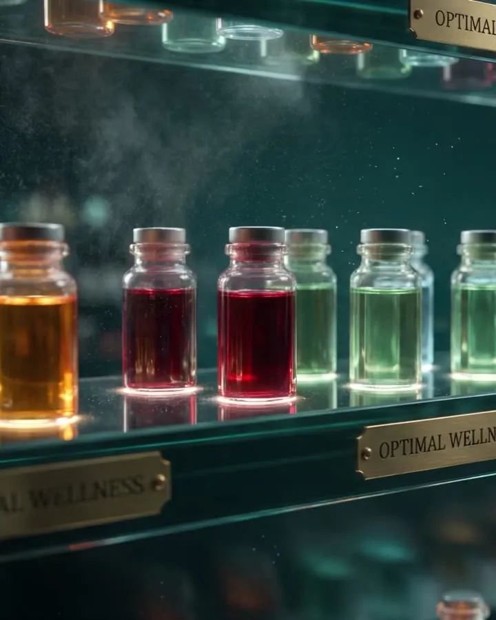 Shelves of glass vitamin vials glowing amber, rose and green at Optimal Wellness