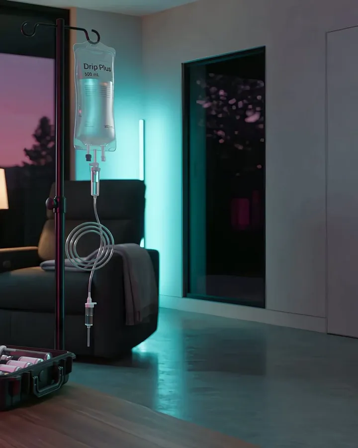 A mobile IV kit set up beside an armchair in a living room at dusk, from the Drip Plus build