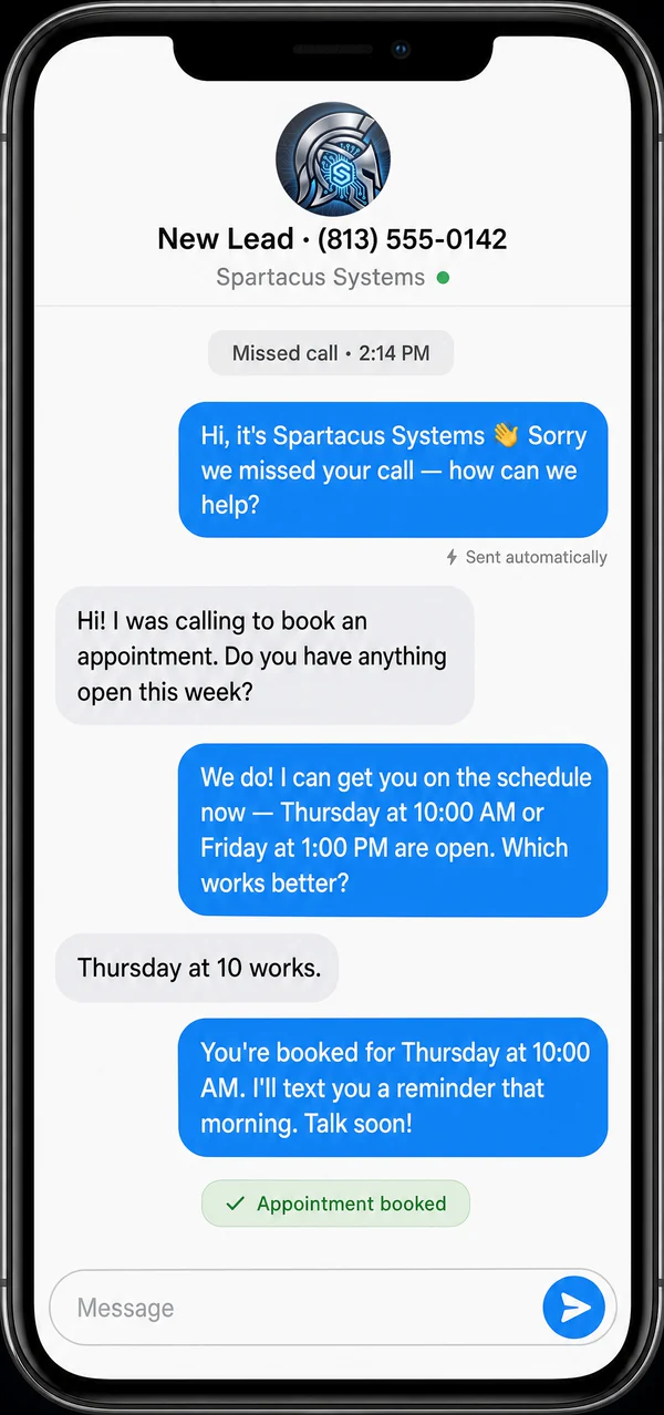 A phone showing a missed call at 2:14 PM, an automatic text from Spartacus Systems apologising for missing the call, the customer asking to book an appointment this week, the AI offering Thursday 10 AM or Friday 1 PM, and the appointment booked for Thursday at 10