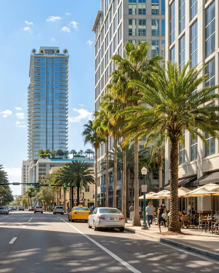 A palm-lined downtown Tampa street with sidewalk cafés and towers, from the Tampa Bay Realty build