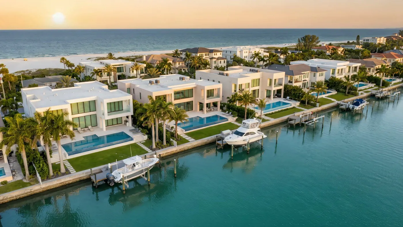 Waterfront homes with pools and boat docks along a Clearwater canal at sunset, from the Tampa Bay Realty build