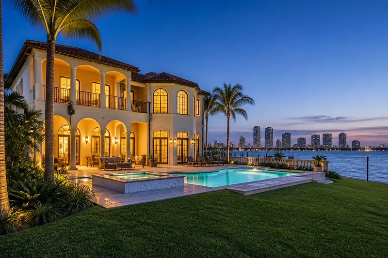 A Mediterranean waterfront home lit at dusk, a sample listing from the Tampa Bay Realty build