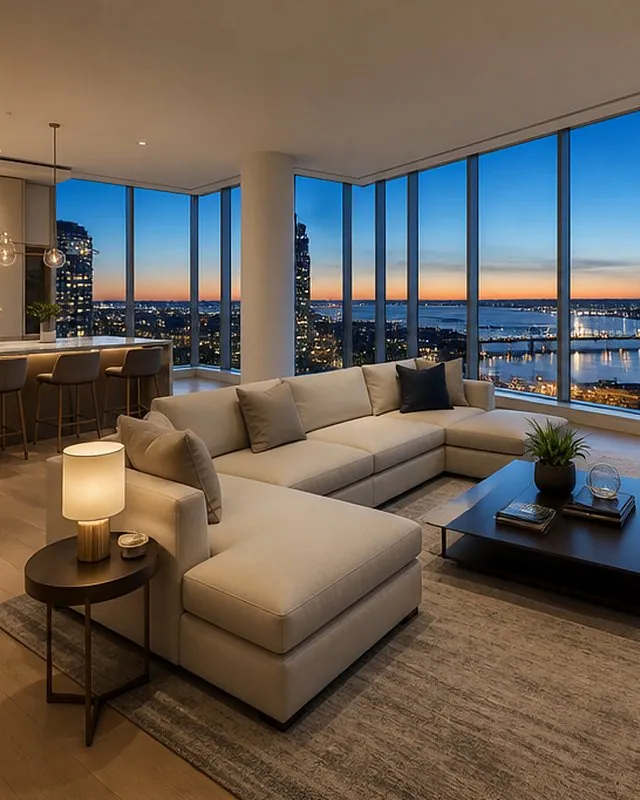 A living room with floor-to-ceiling windows over the bay at dusk, a sample listing from the Tampa Bay Realty build