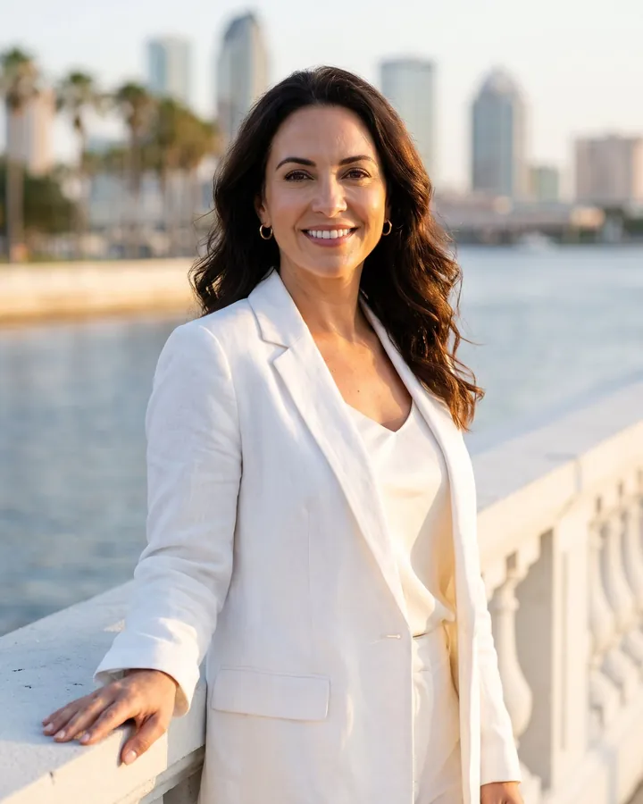 A smiling real estate agent on a waterfront balcony, the sample agent from the Tampa Bay Realty build