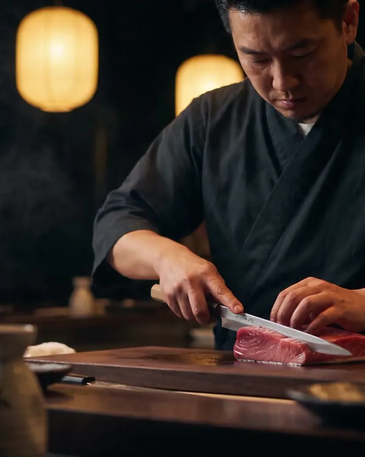 A sushi chef drawing a knife through bluefin at the Fortu counter