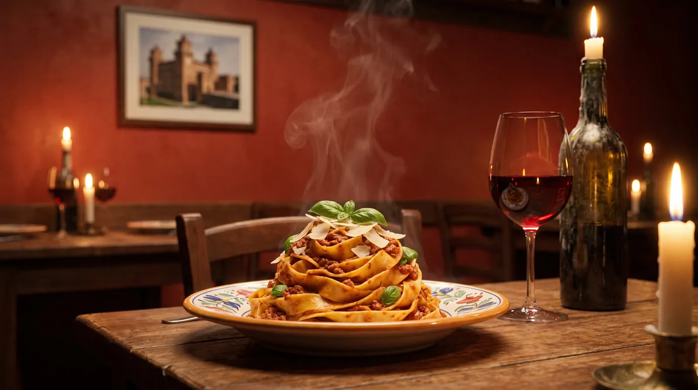 Candlelit table at La Casa della Pasta: steaming pappardelle, a glass of red and an open bottle