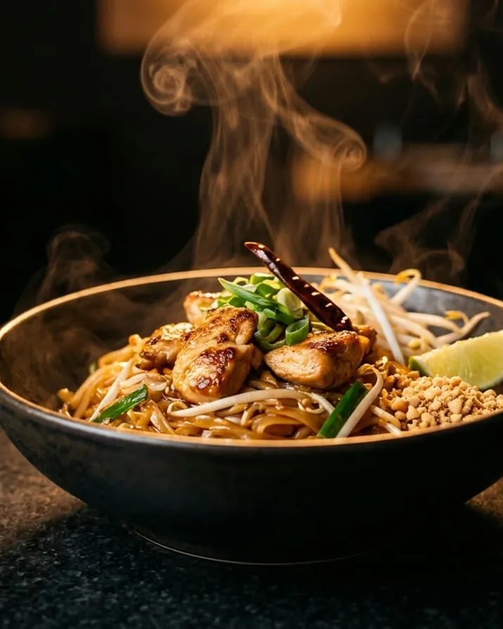 Steam rising off a bowl of pad thai at UMU