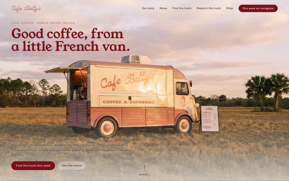 Home page of the Cafe Betty's demo site