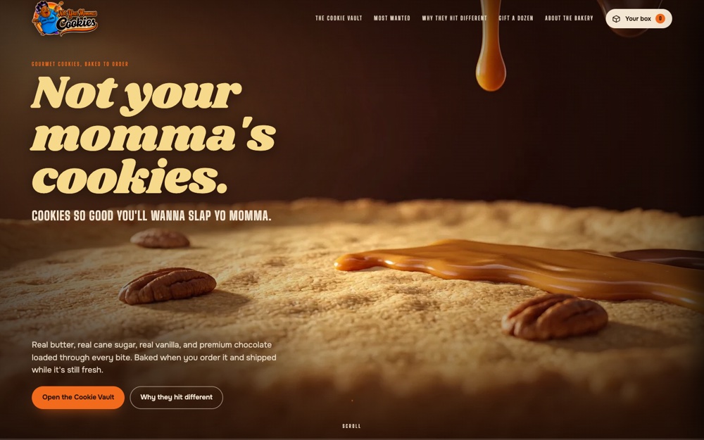 Home page of the Not Your Mommas Cookies demo site