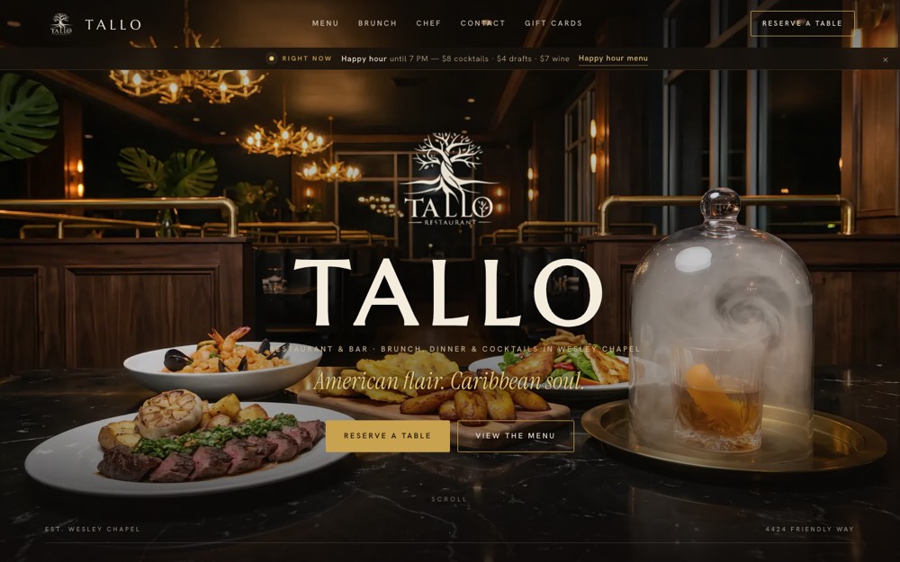 Home page of the Tallo Restaurant and Bar demo site